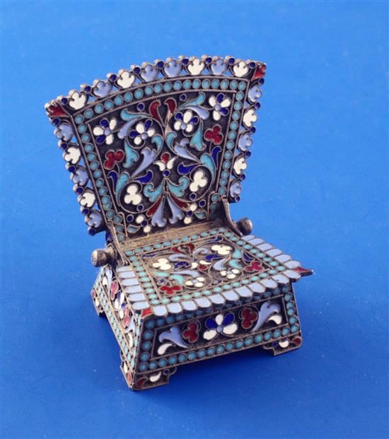 A late 19th century Russian 84 zolotnik silver and cloisonne enamel novelty salt modelled as a chair, 2.25in.